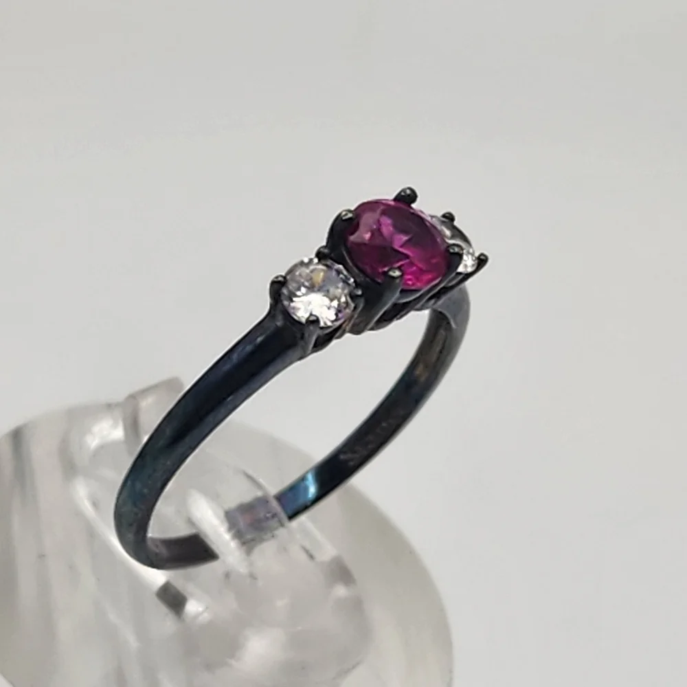 Stauer Blackened Sterling Silver Pink Ruby & Clear Cubic Zirconia Ring (7.25)